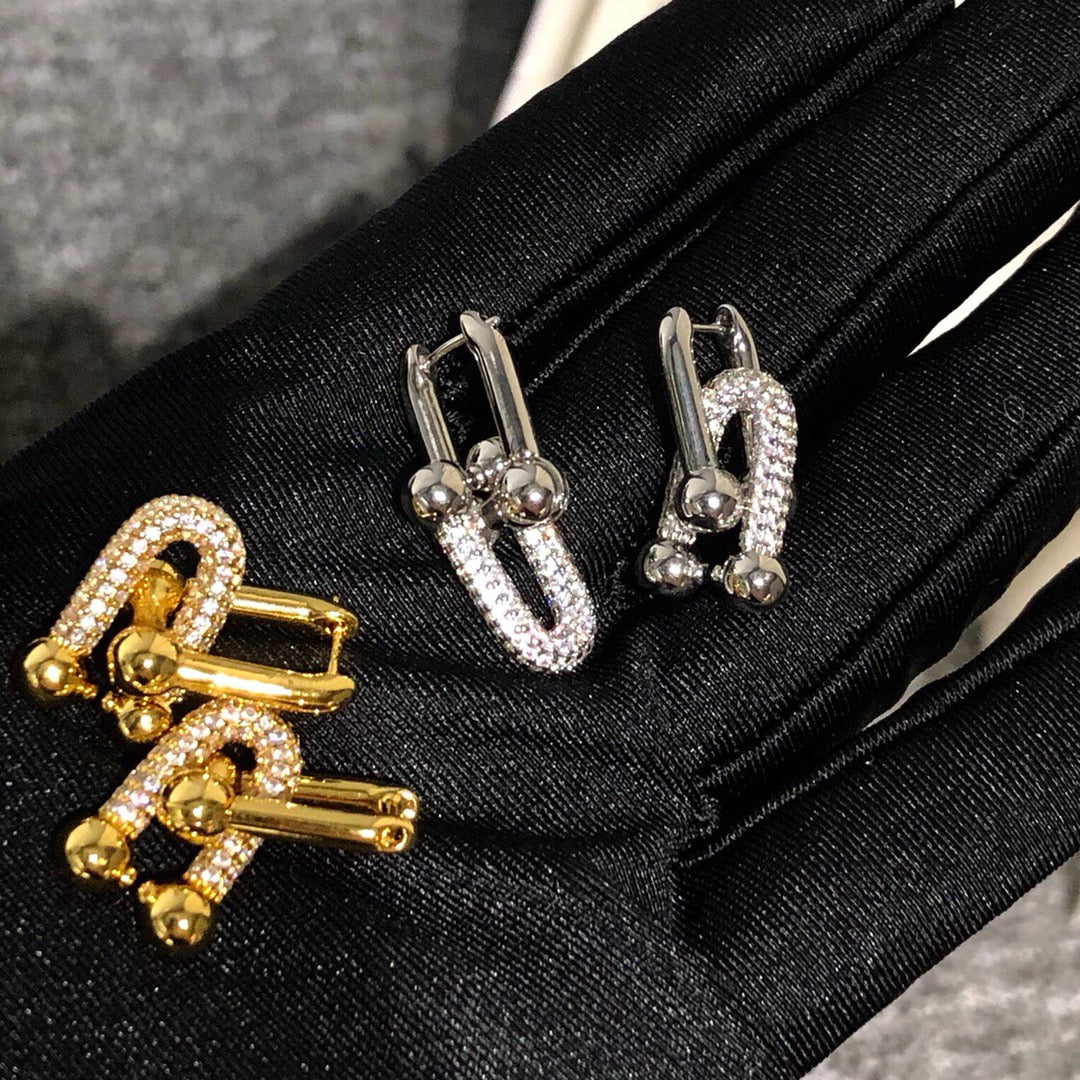 [Glow Muse ]HARDWARE DROP EARRINGS DOUBLE LINK DIAMOND