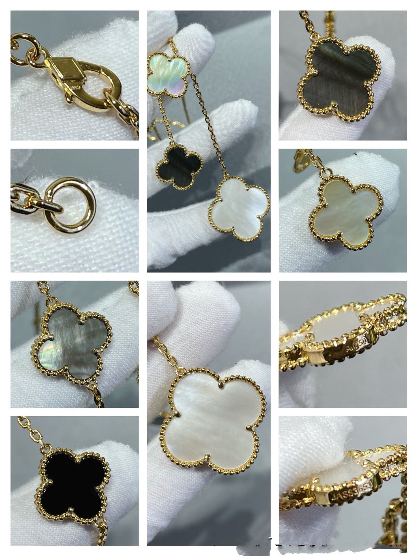 [Glow Muse]CLOVER 6 MOTIF MOP ONYX GOLD NECKLACE