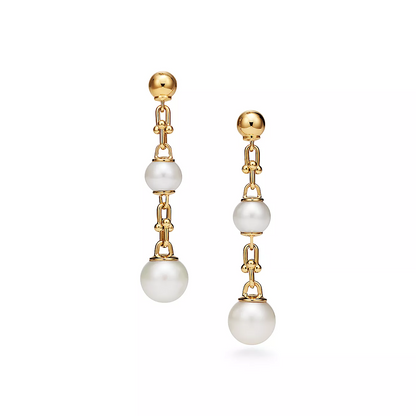 [Glow Muse ]TRIPLE DROP LINK EARRINGS GOLD WITH FRESHWATER PEARLS