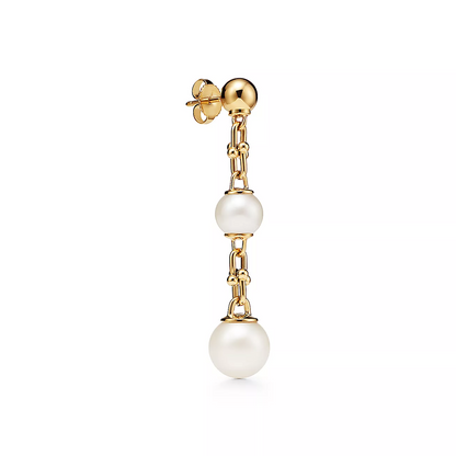 [Glow Muse ]TRIPLE DROP LINK EARRINGS GOLD WITH FRESHWATER PEARLS