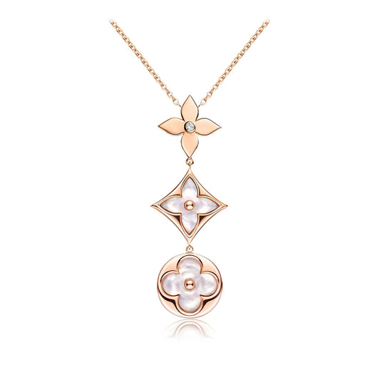 [Glow Muse]COLOR BLOSSOM LARIAT NECKLACE PINK GOLD WHITE MOTHER PEARL AND DIAMOND